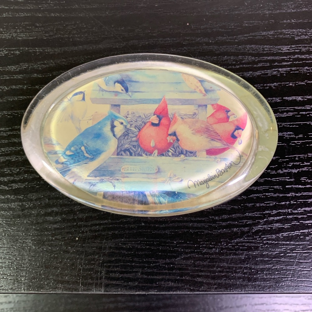 Hallmark Glass Marjolein Bastin Paperweight - Bird Feeder w/ Cardinal Blue Jay